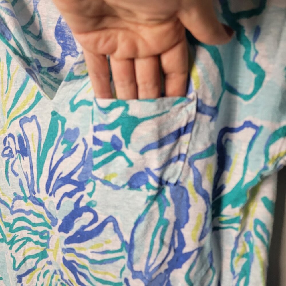 Lilly Pulitzer Duval Linen T Shirt Dress Blue Green Tropical Print Size L Preppy - Picture 5 of 11